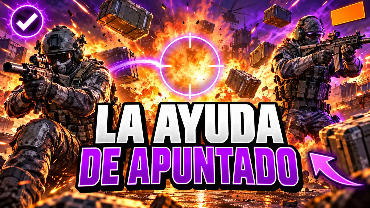 Dos soldados a los lados del encuadre apuntando en direcciones opuestas y, entre ellos, una mira circular vacía de contorno violeta. Un arco violeta se curva hacia el centro de la mira desde la izquierda, sin llegar a tocarla.