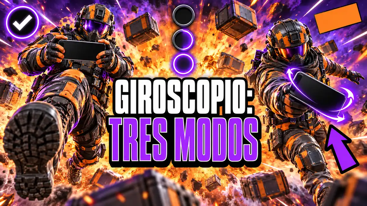 Dos soldados de Call of Duty Mobile a los lados de una explosión naranja: el de la izquierda avanza a zancada con la bota fuera del encuadre sosteniendo un teléfono plano, y el de la derecha lo sujeta inclinado, rodeado de flechas violetas que marcan el giro. Entre los dos, tres anillos apilados: el de arriba apagado, el del medio a media luz y el de abajo encendido.
