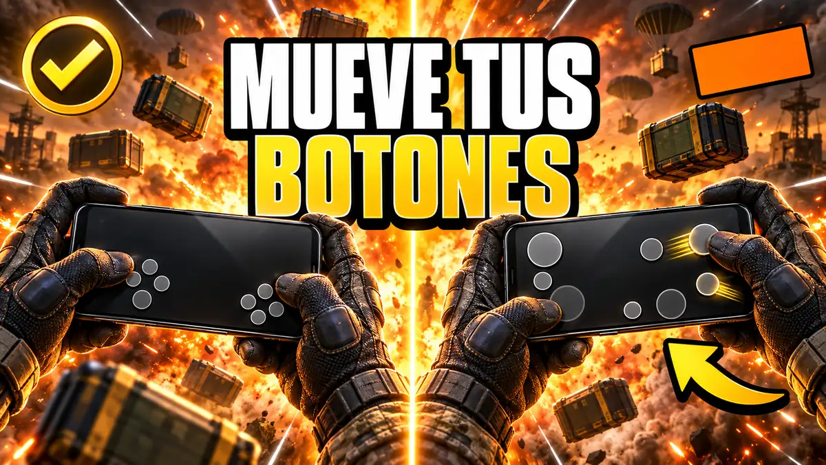 Pantalla partida por una línea de luz. A la izquierda, unas manos enguantadas sostienen un teléfono con seis botones pequeños agrupados en dos esquinas. A la derecha, el mismo teléfono con los botones repartidos por toda la pantalla, de tamaños distintos, y dos de ellos dejando una estela dorada al moverse.