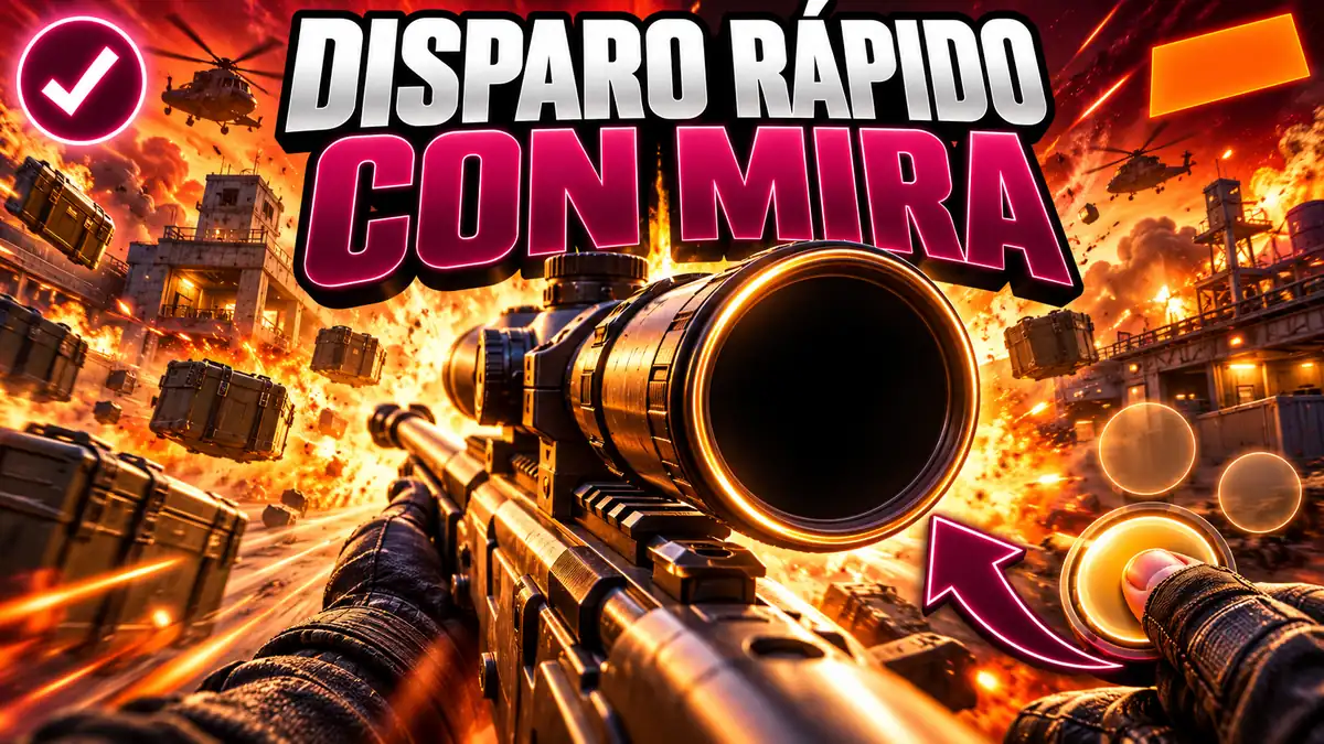 Una mira de francotirador enorme ocupa el centro del encuadre, con el ocular redondo vacío y el borde encendido, montada sobre un fusil que cruza en diagonal. Debajo asoman dos antebrazos enguantados y, a la derecha, un pulgar pulsa un botón redondo de la pantalla. Al fondo, una base en llamas con helicópteros y cajas militares flotando.