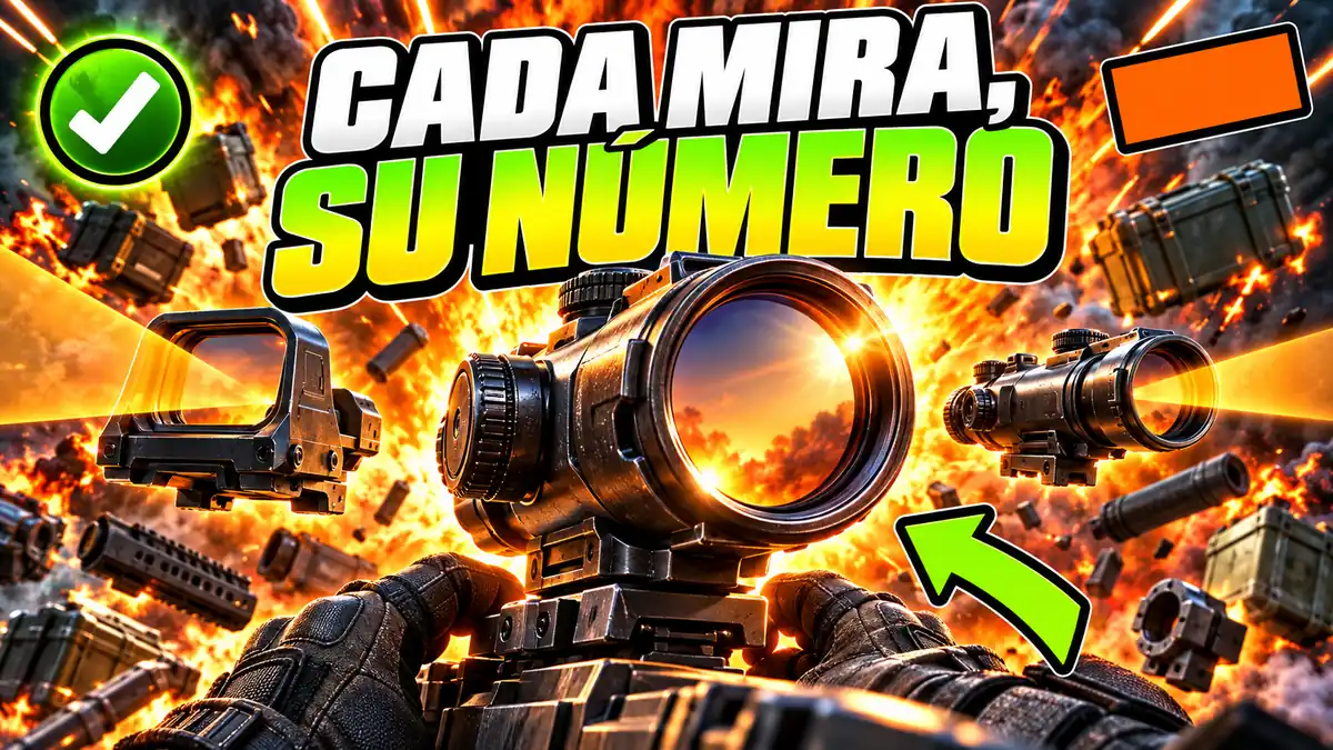 Tres miras de rifle de tamaños distintos flotando sobre unas manos enguantadas: una holográfica plana a la izquierda, una grande de lente redonda en el centro y una alargada a la derecha.