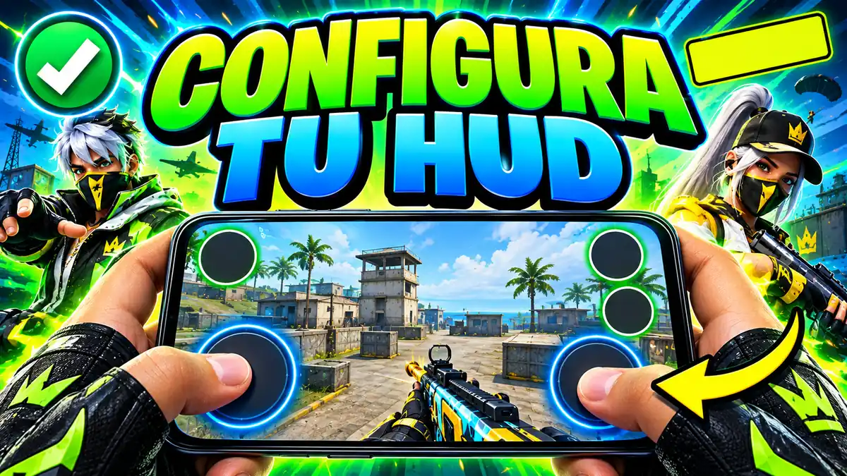 La disposición del HUD: un teléfono en horizontal con los botones del HUD de Free Fire repartidos por las cuatro esquinas.