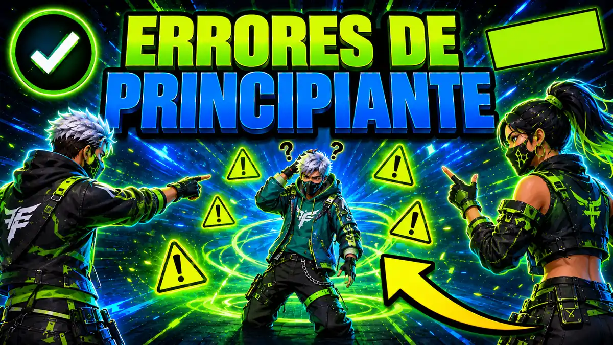 Los errores de principiante: un personaje de Free Fire recién llegado rodeado de señales de aviso.