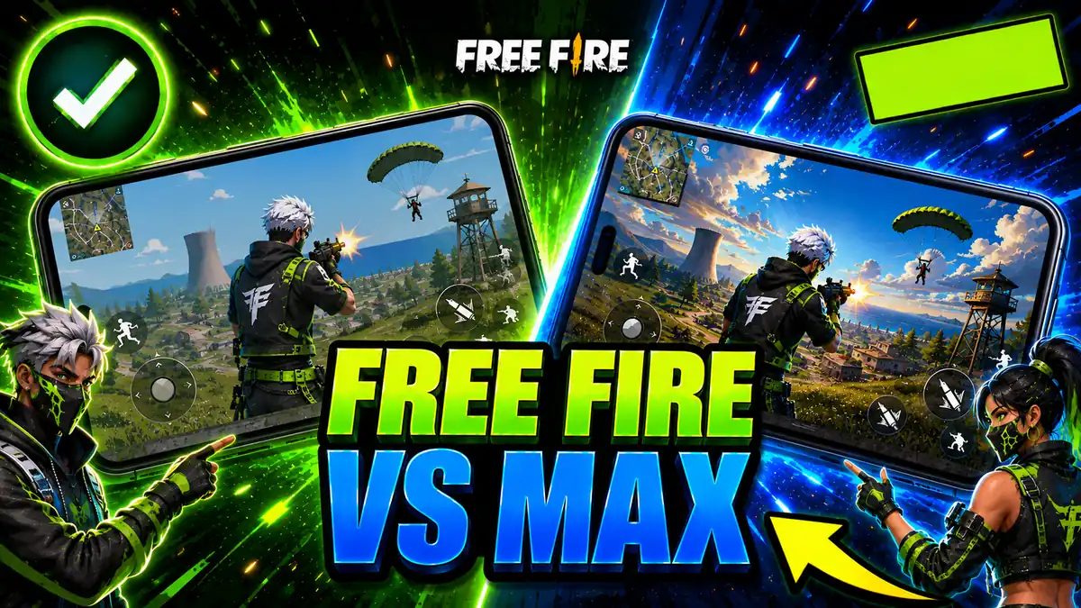 Free Fire frente a Free Fire MAX: dos teléfonos enfrentados mostrando la misma escena de Free Fire con distinto nivel de detalle gráfico.