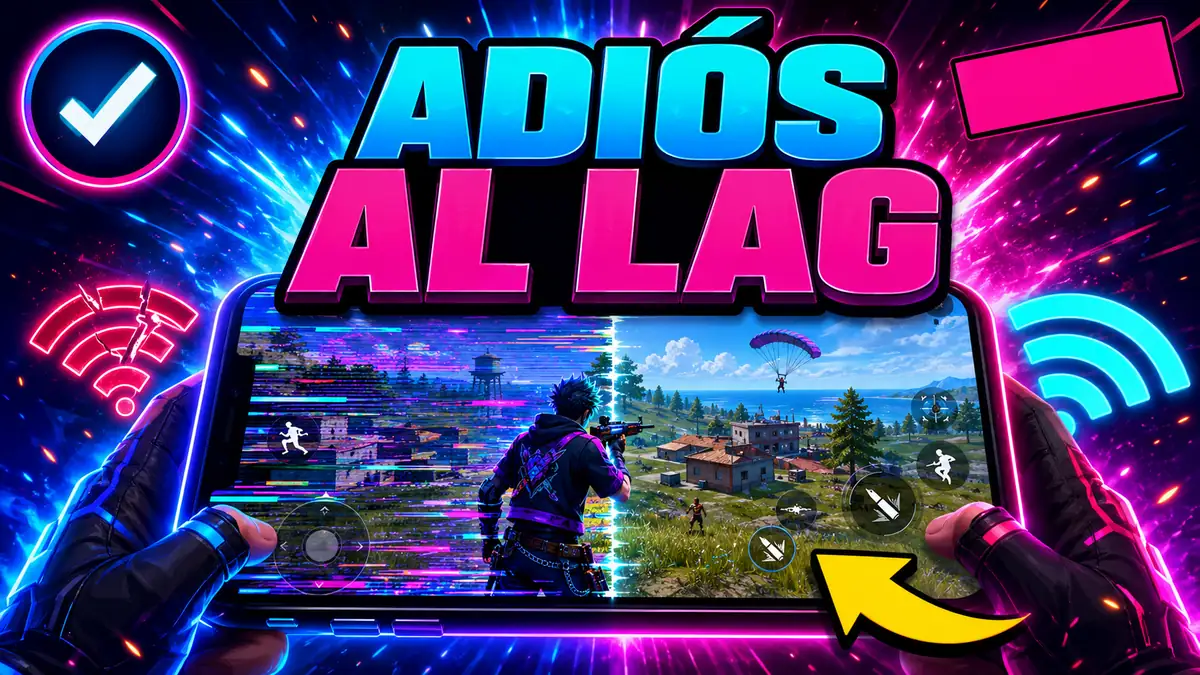 El lag, los FPS y el ping: un teléfono con la imagen del juego entrecortada y un indicador de conexión al lado.