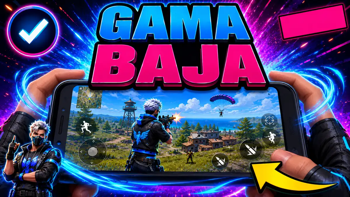 Free Fire en un teléfono de gama baja: un teléfono sencillo en horizontal con el juego funcionando fluido y un personaje delante.
