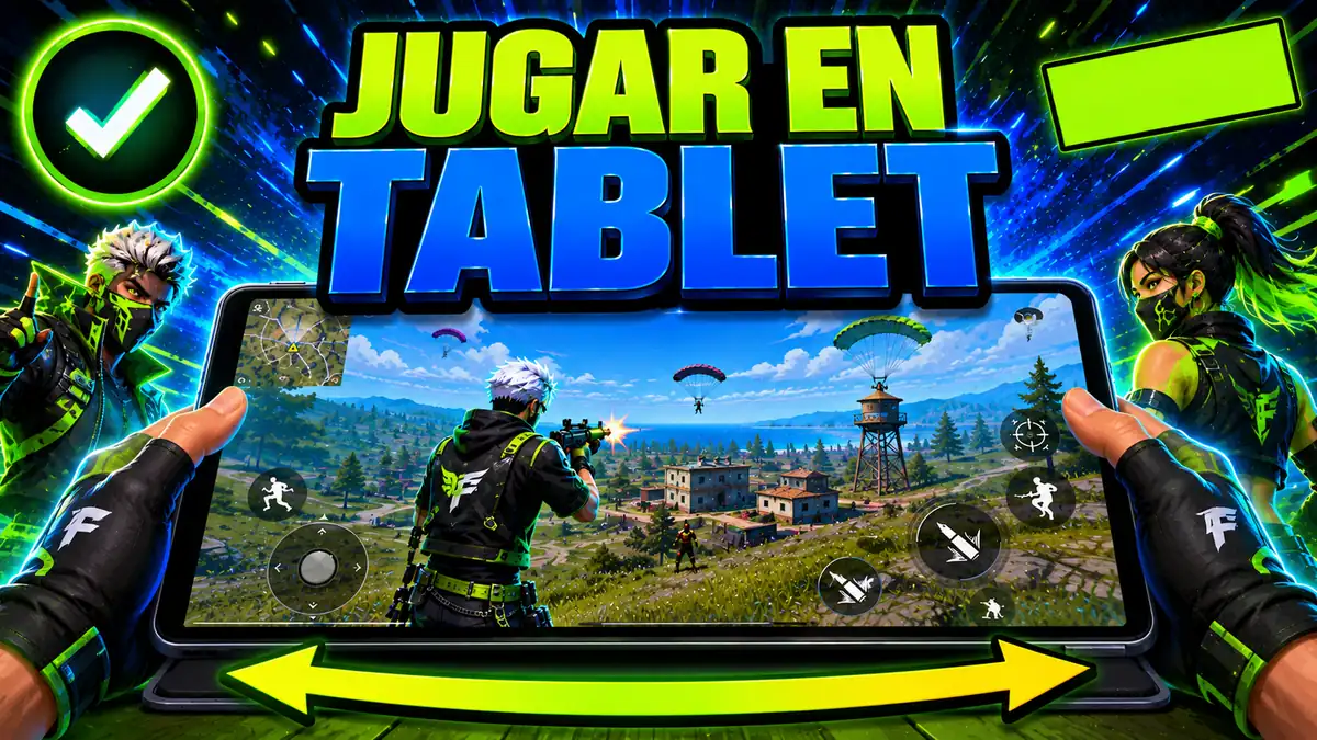 Free Fire en tablet: una tablet apoyada en una mesa con el juego abierto y las dos manos en los bordes.