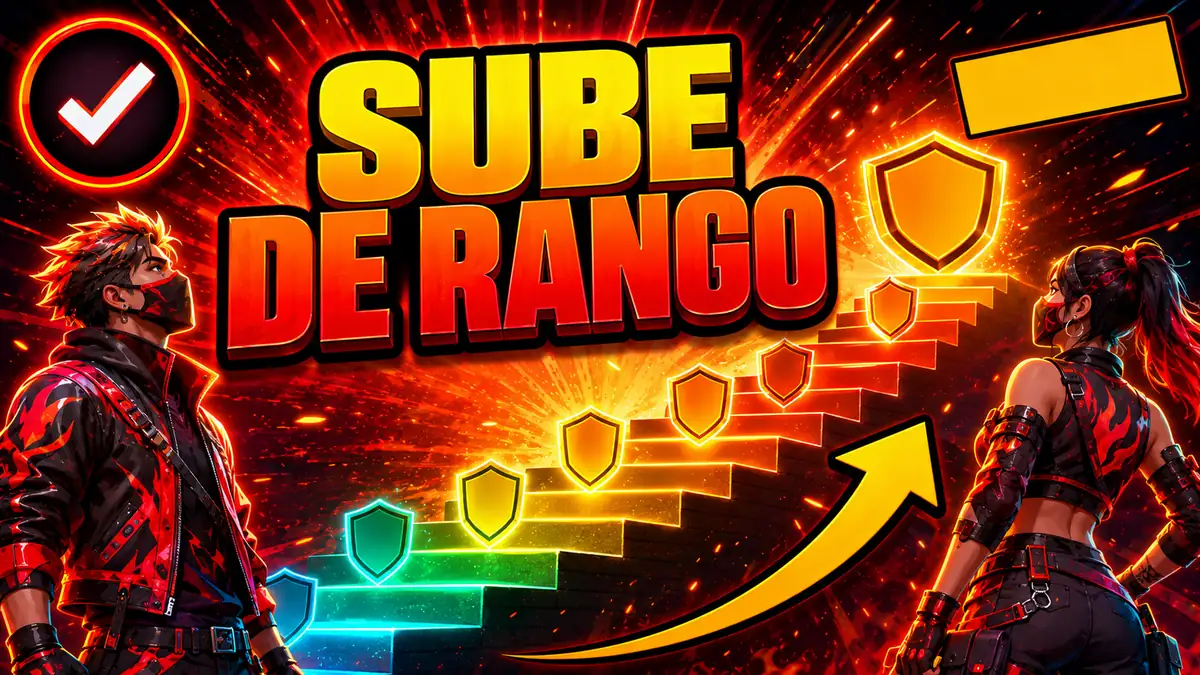Subir de rango: un personaje de Free Fire mirando hacia una escalera de emblemas de rango que asciende.